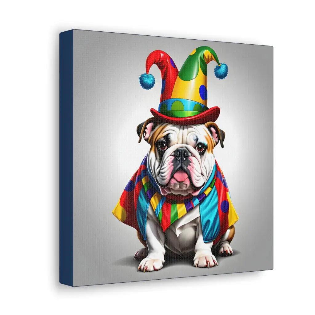 Bulldog in Jester Costume Canvas: A Comical and Festive