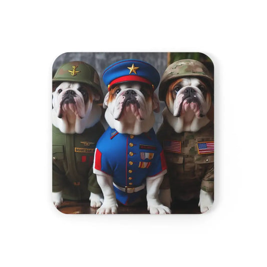 Bulldog Puppies Military Squad Coaster Set (4-Pack) - Cork