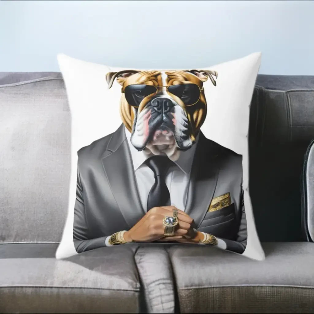Bulldog Silver Suit Vibes Square Pillow - Home Decor