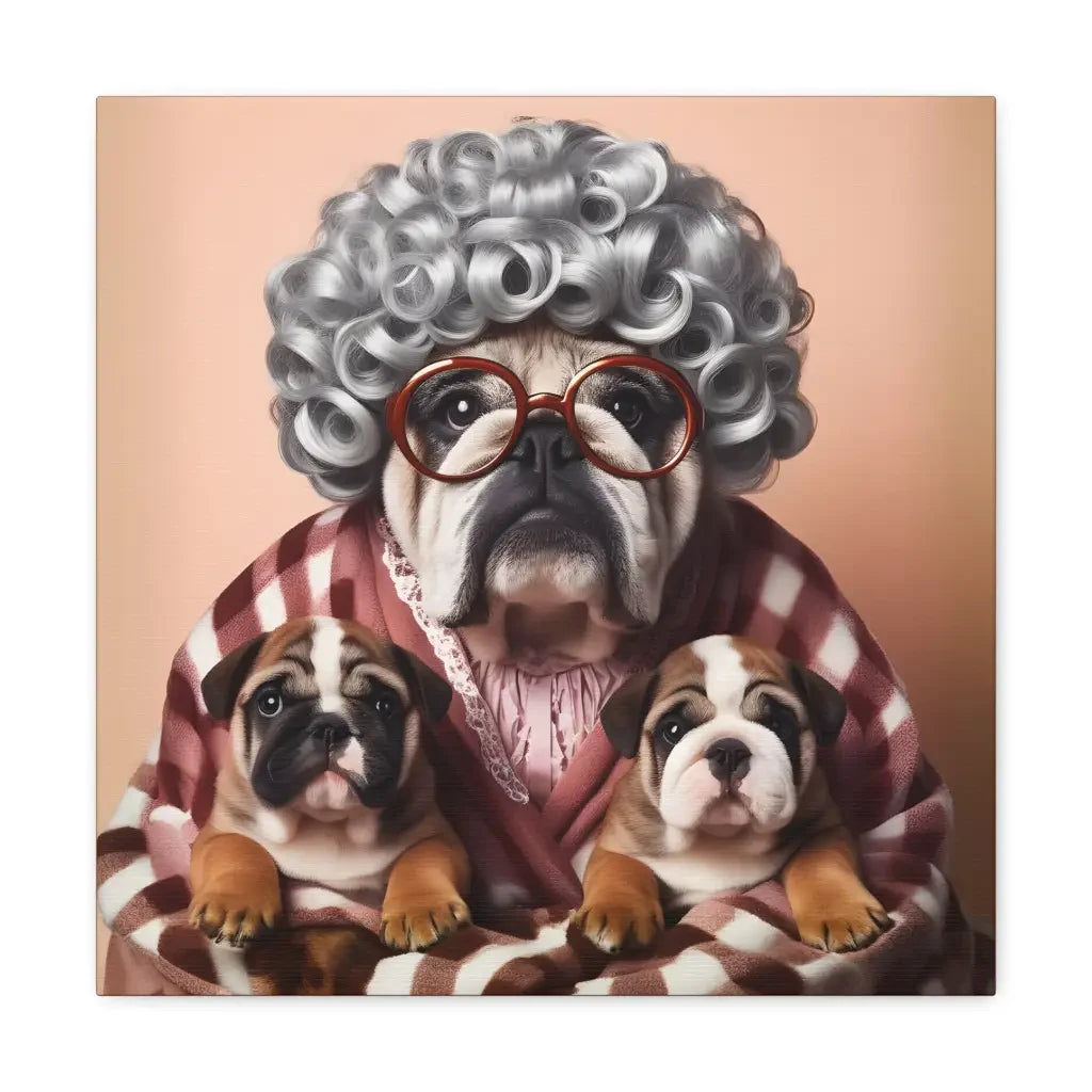Grandma’s Tender Embrace: Bulldog Family Canvas - 10″ x