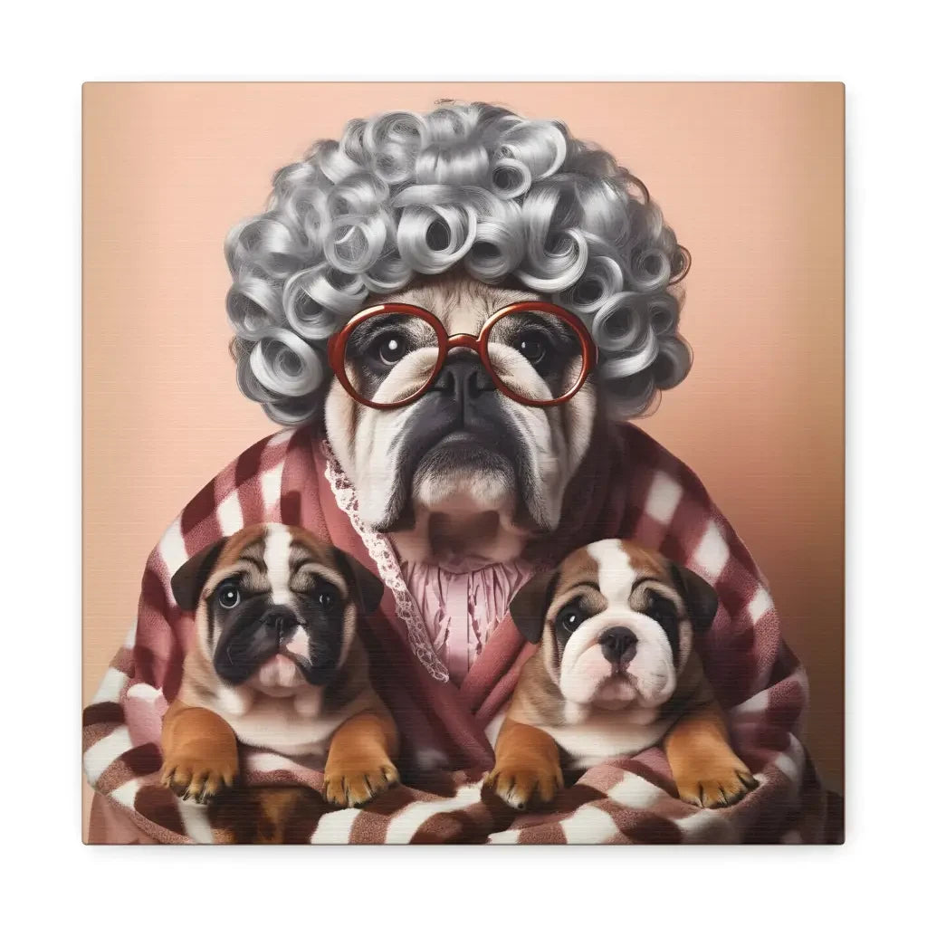 Grandma’s Tender Embrace: Bulldog Family Canvas - 12″ x