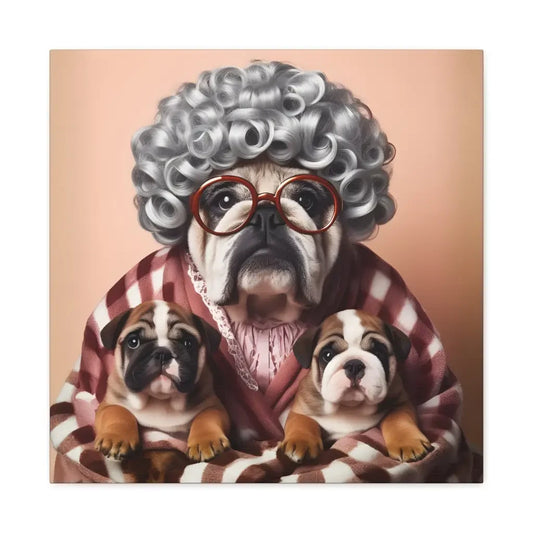 Grandma’s Tender Embrace: Bulldog Family Canvas - 20″ x