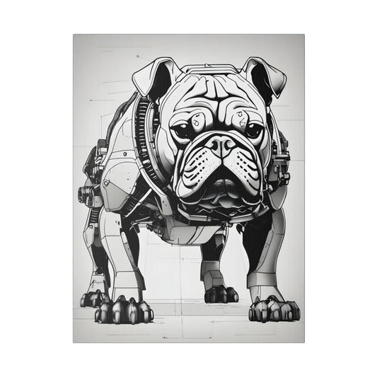 Monochrome Mecha Bulldog Canvas: Cybernetic Elegance