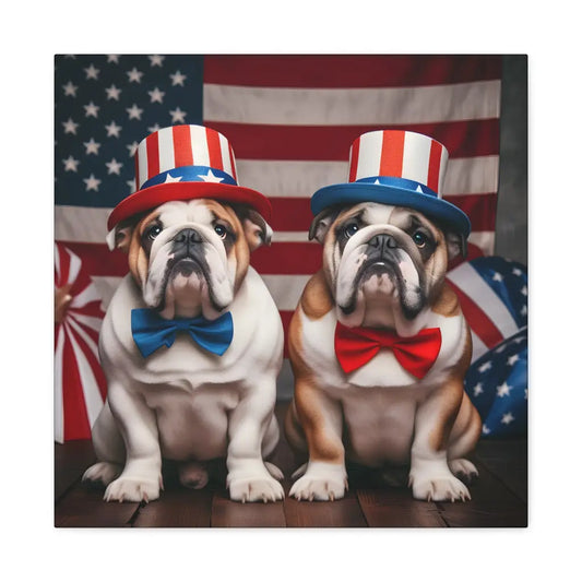 Patriotic Paws: Bulldog Duo Canvas – Stars Stripes