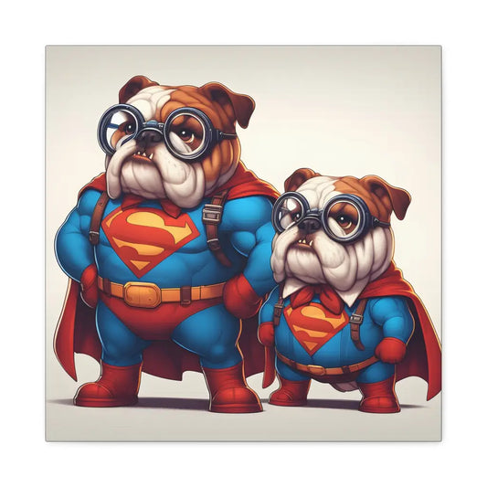 Superdog & Pup Heroic Pose Canvas: Bulldog Valor Unleashed!
