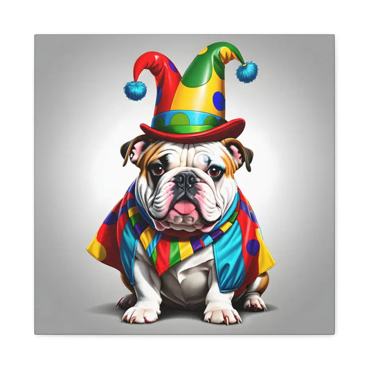 Bulldog in Jester Costume Canvas: A Comical and Festive